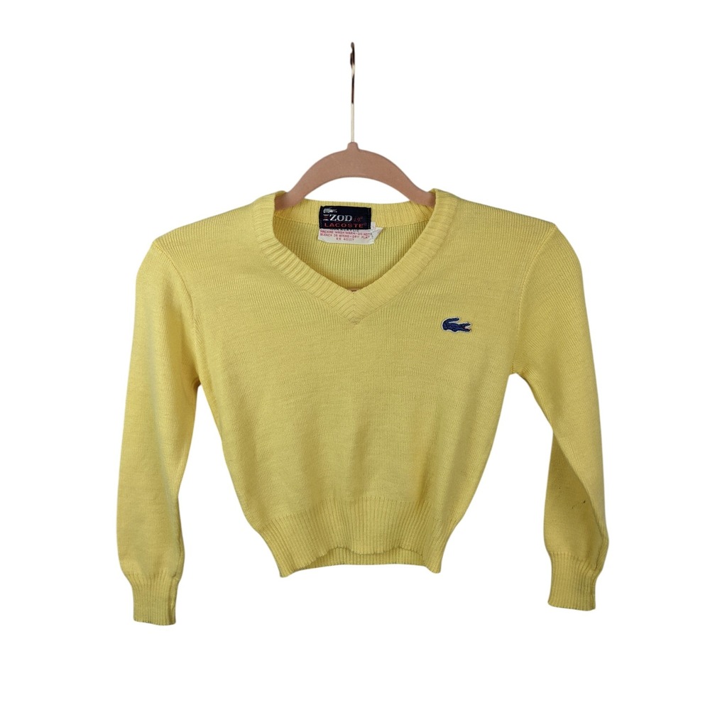Vintage Izod Lacoste Kids Yellow V-Neck Sweater Size 6 Blue Crocodile Logo
